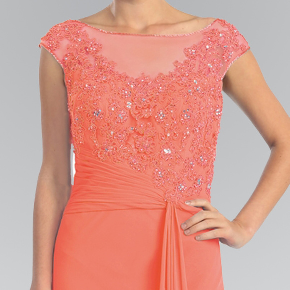 Illusion Nekcline Cap Sleeves Long Dress GL1100 - Picture 2 of 3